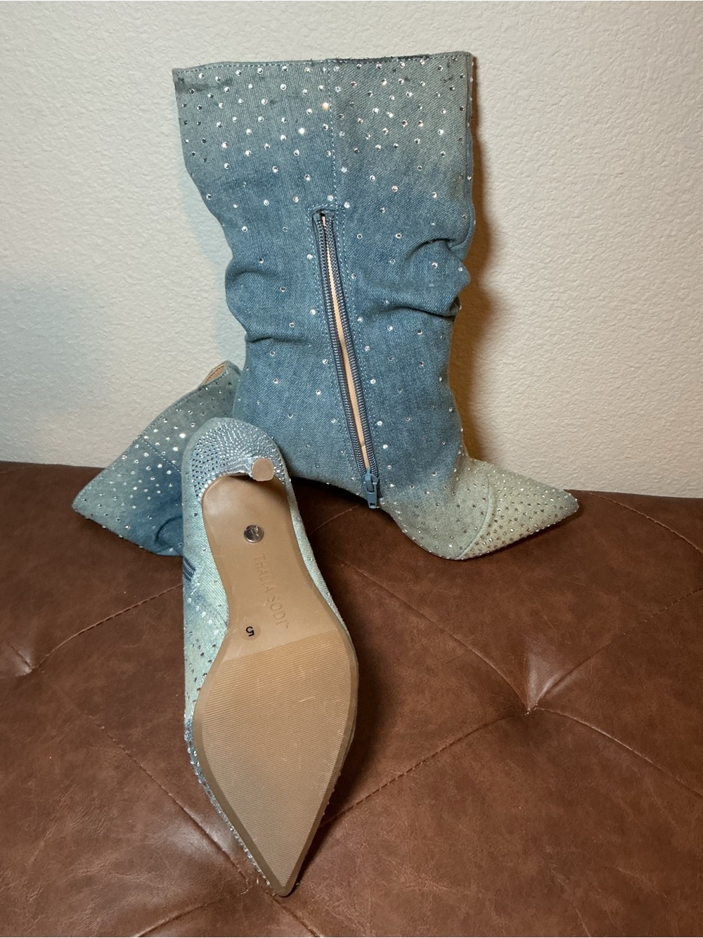 Embellished Gray Crystal Pointed Toe Stiletto Boot - Picture 7 of 8